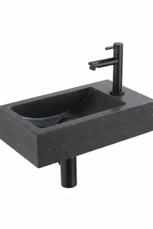 Vente Flash Saniclass Fuente ensemble lavabo - 40x22 - 1 trou de robinet - à droite - pierre naturelle - robinet de fontaine noir mat - foncé