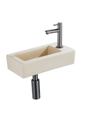 Réduction QeramiQ Lave-mains Kit lave-mains - 37.5x18.5x9cm - céramique - trou de robinet à droite - robinet lave-mains gunmetal - bonde de vidage - siphon abaissé - Mat Beige