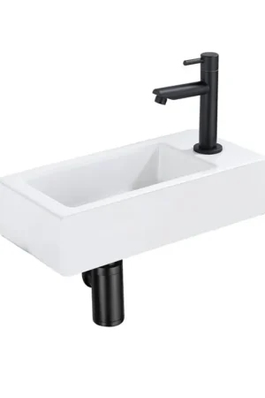 Remise QeramiQ Fuente Ensemble lave-mains - 37.5x18.5x9cm - céramique - trou de robinet à droite - robinet de lave-mains noir mat - bonde - siphon abaissé - Blanc brillant