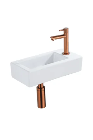 Soldes QeramiQ Lave-mains Kit lave-mains - 37.5x18.5x9cm - céramique - trou de robinet à droite - robinet lave-mains en cuivre brossé - bonde de vidage - siphon abaissé - Mat blanc