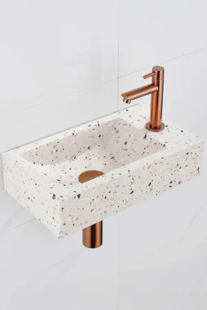Saniclass Fuente Ensemble de fontaine - 40x22x10cm - trou de robinet à droite - robinet de fontaine cuivre brossé PVD - bouchon de vidange - siphon bas - beige mat Seulement Aujourd'hui