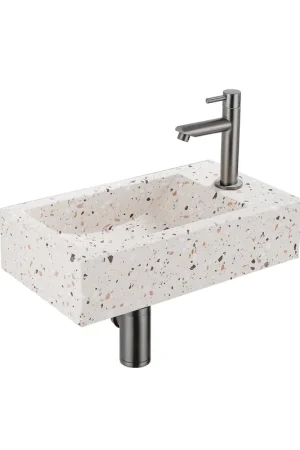 Saniclass Fuente Ensemble fontaine - 40x22x10cm - trou de robinet à droite - robinet fontaine PVD gunmetal brossé - bouchon de vidange - siphon abaissé - beige mat Expédié Aujourd'hui