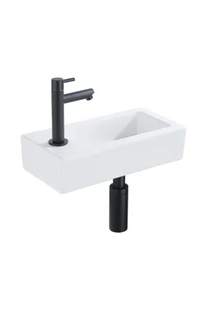 Achat Immédiat QeramiQ Lave-mains Kit lave-mains - 37.5x18.5x9cm - céramique - trou de robinet gauche - robinet lave-mains noir mat - bonde de vidage - siphon abaissé - Mat blanc