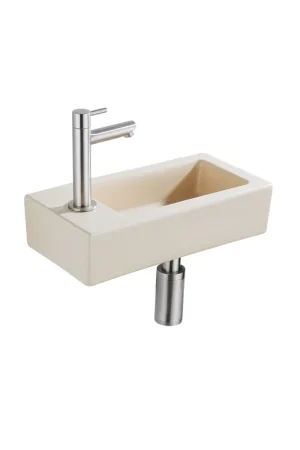 Achat Immédiat QeramiQ Fuente Ensemble lave-mains - 37.5x18.5x9cm - céramique - trou de robinet gauche - robinet de lave-mains inox brossé - bonde - siphon bas - Beige mat