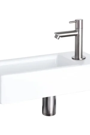 Super Prix Differnz Hura kit lave-mains - 37,5x18,5x9cm - Rectangulaire - 1 trou de robinet - Robinet droit chromé mat - Céramique blanche