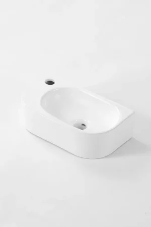 Top Vente QeramiQ Pure Fontaine - 40x22x12cm - Gauche - Lisse - demi-rond - 1 trou de robinet - Céramique - Blanc Mat