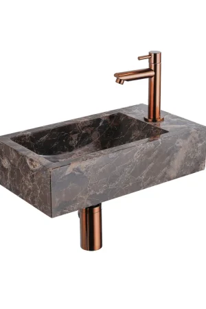 Top Vente Saniclass Fuente Ensemble lave-mains - 40x22x10cm - trou de robinet à droite - robinet de lave-mains cuivre brossé PVD - bouchon de vidage - siphon abaissé - Dark Emporador