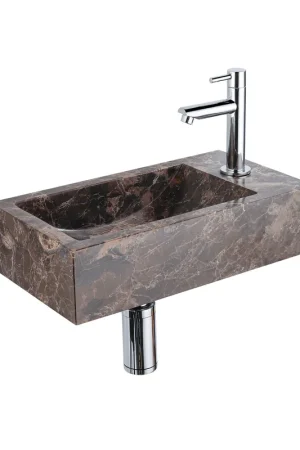 Saniclass Fuente Ensemble fontaine - 40x22x10cm - trou de robinet à droite - robinet de fontaine chrome - bouchon de vidange - siphon bas - Dark Emporador Offre Exclusive