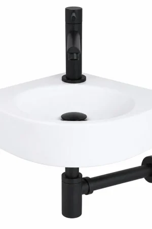 Usine Directe QeramiQ Fuente Pack Lave-mains d‘angle - 30x30x10cm - 1 trou de robinet - céramique - robinet Noir mat - Blanc