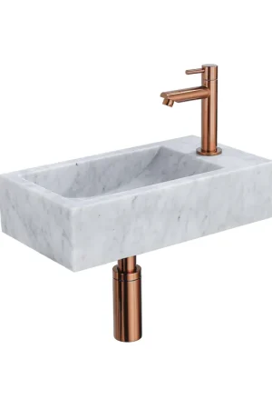Saniclass Fuente ensemble lave-mains - 40x22 - 1 trou de robinet - droite - marbre - robinet de lave-mains cuivre - blanc Satisfait Ou Remboursé