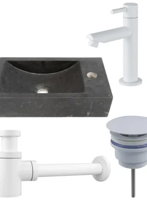 Saniclass Fuente ensemble de fontaine - 40x22x10cm - 1 trou de robinet - à droite - pierre naturelle - robinet de lave-mains blanc mat - foncé Jusqu'à Épuisement Des Stocks