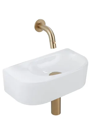 Acheter Direct QeramiQ Fuente Ensemble de Lavabo - 40x21.5x12cm - lisse - demi-rond - céramique - ensemble de robinet en laiton brossé - bouchon de vidange - siphon réduit - blanc brillant