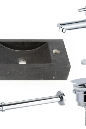 Vente Flash Saniclass Fuente ensemble fontaine - 40x22 - 1 trou de robinet - droite - pierre naturelle - robinet fontaine chrome - foncé