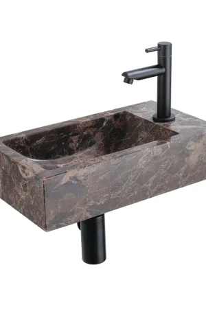 Saniclass Fuente Ensemble fontaine - 40x22x10cm - trou de robinet à droite - robinet de fontaine noir mat - bouchon de vidange - siphon abaissé - Dark Emporador Paiement Sécurisé