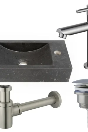 Retour Gratuit Saniclass Fuente ensemble de lavabo - 40x22 - 1 trou de robinet - droite - pierre naturelle - robinet de lavabo Acier inoxydable brossé PVD (Acier inoxydable) - foncé