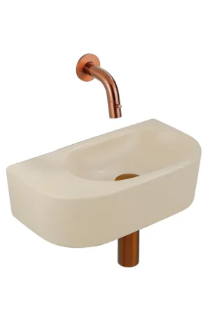 Top Vente QeramiQ Fuente Ensemble de Lavabo - 40x21.5x12cm - lisse - demi-rond - sans trou pour robinet - céramique - ensemble de robinet en cuivre brossé - bouchon de vidange - siphon réduit - beige