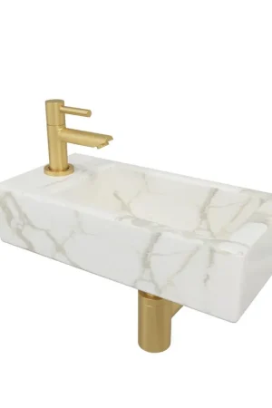 Wiesbaden Mini-Rhea gauche kit lave-mains 36x18x9cm effet marbre Carrara blanc incl. robinet lave-mains Amador en laiton brossé Nouveauté