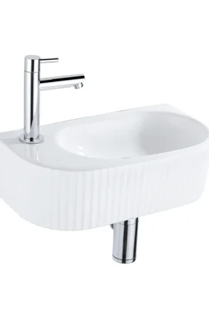 Vente Flash QeramiQ Fuente Ensemble de lave-mains - 40x21.5x12cm - gauche - cannelé - demi-rond - 1 trou de robinet - céramique - robinet de lavabo chromé - bouchon de vidage - siphon abaissé - blanc brillant