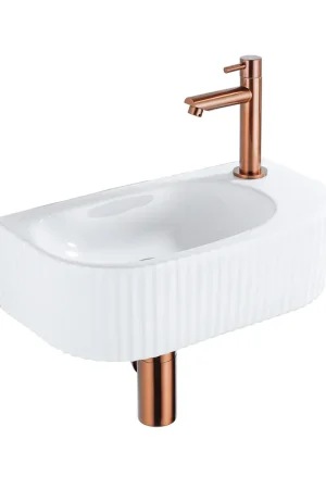 Réduction QeramiQ Blend Ensemble de lavabo - 40x21.5x12cm - droite - nervuré - demi-rond - 1 trou de robinet - céramique - robinet de lavabo cuivre brossé - bonde - siphon abaissé - blanc brillant