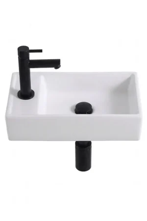 Adema Fuente Ensemble lave-mains - 41x22x10cm - céramique - trou de robinet à gauche - robinet de lave-mains noir mat - bouchon de vidage - siphon abaissé - blanc brillant Prix Cassé