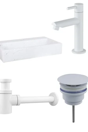 Achat Immédiat Fortifura Fuente Ensemble lave-mains - 38x24x8 cm - 1 trou pour robinet - marbre - robinet de lave-mains blanc mat - blanc