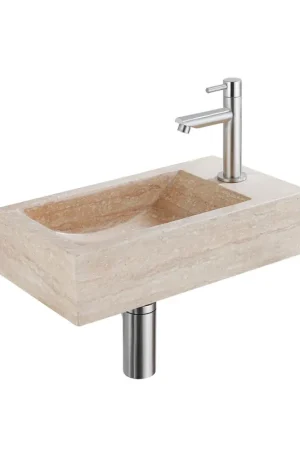 Saniclass Fuente Ensemble fontaine - 40x22x10cm - trou de robinet à droite - robinet de fontaine en inox brossé PVD - bouchon de vidange - siphon abaissé - pierre naturelle mouchetée Must-Have
