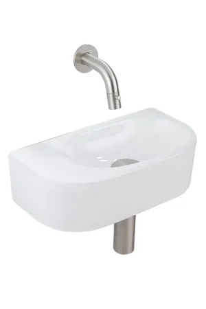 Remise QeramiQ Fuente Ensemble de Lavabo - 40x21.5x12cm - lisse - demi-rond - céramique - ensemble de robinet en acier inoxydable brossé - bouchon de vidange - siphon réduit - blanc brillant