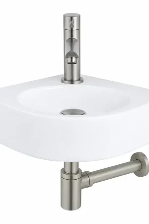 Vente Flash QeramiQ Fuente Pack Lave-mains d‘angle - 30x30x10cm - 1 trou de robinet - céramique - robinet Inox brossé - Blanc brillant