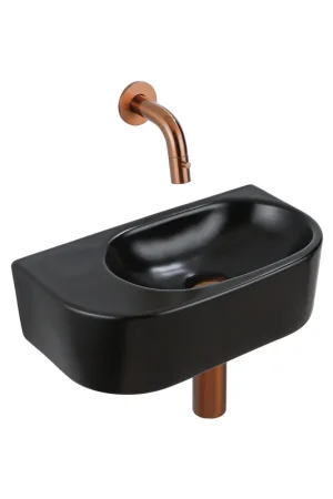 Remise QeramiQ Fuente Ensemble de Lavabo - 40x21.5x12cm - lisse - demi-rond - céramique - ensemble de robinet en cuivre brossé - bouchon de vidange - siphon abaissé - noir mat