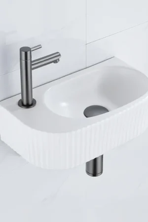 Achat Immédiat QeramiQ Fuente Ensemble de Lavabo - 40x21.5x12cm - gauche - strié - demi-rond - 1 trou de robinet - céramique - ensemble de robinet gunmetal - bouchon de vidange - siphon abaissé - blanc mat