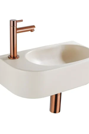 Retour Gratuit QeramiQ Fuente Ensemble de lavabo - 40x21.5x12cm - gauche - lisse - demi-rond - 1 trou de robinet - céramique - robinet de lavabo cuivre brossé - bouchon de vidange - siphon abaissé - beige