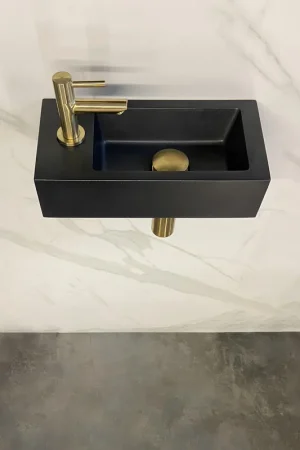 Wiesbaden Ensemble de lave-mains Rhea S mini avec lave-mains gauche quartz, robinet, siphon et bonde finition laiton brossé Prix Bas
