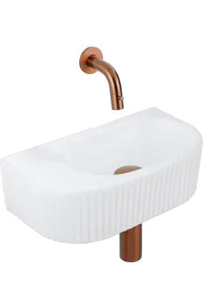 Satisfait Ou Remboursé QeramiQ Fuente Ensemble de Lavabo - 40x21.5x12cm - strié - demi-rond - céramique - ensemble de robinet en cuivre brossé - bouchon de vidange - siphon abaissé - blanc mat