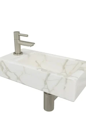 Wiesbaden Mini-Rhea gauche kit lave-mains 36x18x9cm aspect marbre Carrara blanc incl. robinet lave-mains Amador en acier brossé Produit De Marque