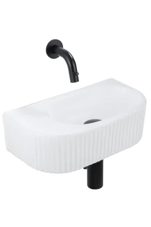 Satisfait Ou Remboursé QeramiQ Fuente Ensemble de Lavabo - 40x21.5x12cm - strié - demi-rond - céramique - ensemble de robinet noir mat - bouchon de vidange - siphon abaissé - blanc mat