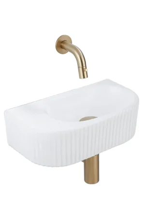 Satisfait Ou Remboursé QeramiQ Fuente Ensemble de Lavabo - 40x21.5x12cm - strié - demi-rond - céramique - ensemble de robinet en laiton brossé - bouchon de vidange - siphon réduit - blanc mat