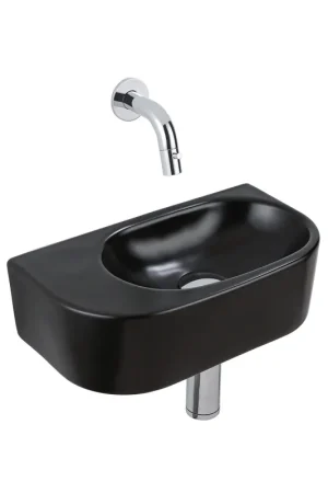 Solde QeramiQ Fuente Ensemble de Lavabo - 40x21.5x12cm - lisse - demi-rond - céramique - ensemble de robinet chrome - bouchon de vidange - siphon abaissé - noir mat