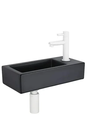 Soldes QeramiQ Fuente Ensemble lave-mains - 37.5x18.5x9cm - céramique - trou de robinet à droite - robinet de lave-mains blanc mat - bouchon de vidage - siphon abaissé - Noir Mat