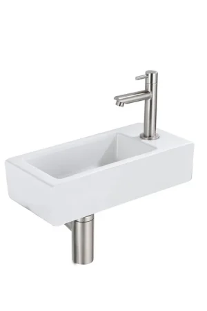 Achat Immédiat Fortifura Fuente Pack Lave-mains - 36x18.5x9cm - 1 trou de robinet - solid surface - robinet Inox brossé - Blanc mat
