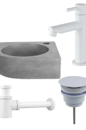 Soldes Fortifura Fuente Ensemble lave-mains - 31.5x31.5x10cm - 1 trou de robinet - d‘angle - robinet de lave-mains blanc mat - béton