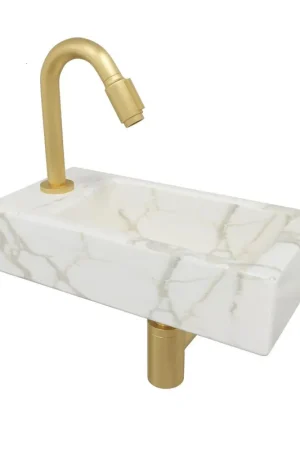 Wiesbaden Mini-Rhea Gauche kit lave-mains 36x18x9cm effet marbre Carrara blanc incl. robinet lave-mains Victoria luxe en laiton brossé Meilleure Vente
