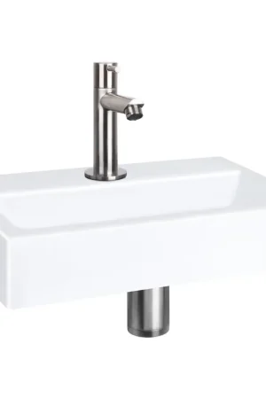 Usine Directe Differnz Flat kit lave-mains - 38x24x8cm - Rectangulaire - 1 trou de robinet - Robinet droit chromé mat - Céramique blanche