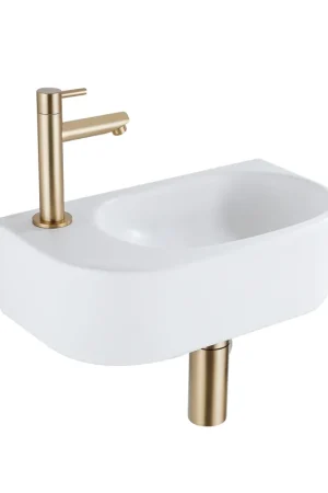 Solde QeramiQ Fuente Ensemble de lavabo - 40x21.5x12cm - gauche - lisse - demi-rond - 1 trou de robinet - céramique - robinet de lavabo en laiton brossé - bonde - siphon abaissé - blanc mat