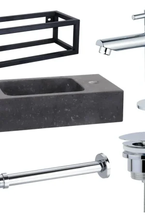 Usine Directe Fortifura Fuente Pack Lave-mains - 40x22x24.5cm - 1 trou de robinet - pierre naturelle - cadre noir - robinet Chrome - Noir