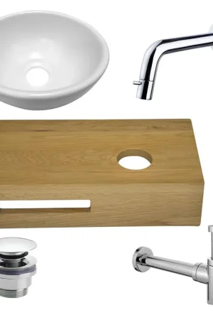Remise Ensemble lave-mains Wiesbaden Chêne en bois complet avec robinet encastré, vasque à droite, plan en bois, siphon et bonde de vidage chrome.