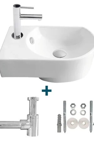 Allez par Van Marcke Flexy Kit lave-mains gauche 41x27x142cm comprenant robinet d‘eau froide 14cm et bonde en porcelaine blanche. Commander Vite