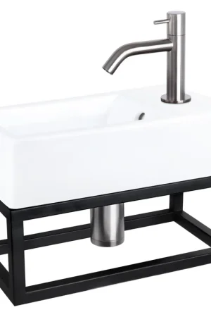 Solde Differnz Force kit lave-mains - 40x22x11.5cm - Rectangulaire - 1 trou de robinet - Robinet courbé en chrome mat - avec cadre noir - Céramique blanche