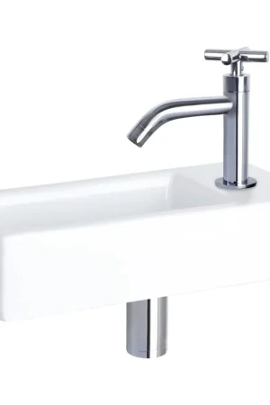 Vente Directe Differnz Hura kit lave-mains - 38,5x18,5x9cm - Rectangulaire - 1 trou de robinet - robinet courbé en chrome - poignée croix - Céramique Blanche