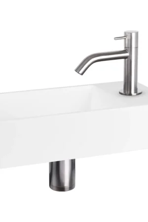 Super Prix Differnz Solid kit lave-mains - 36x18.5x9cm - Rectangulaire - 1 trou de robinet - Robinet chromé mat courbé - Solid Surface blanche
