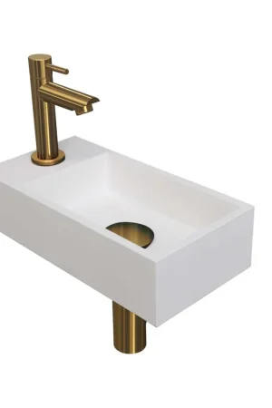 Soldes INK Versus Set lave-mains 36x18x9cm 1 trou de robinet gauche Blanc mat avec robinet, siphon et bonde Doré mat
